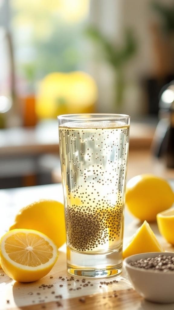 A refreshing lemon chia seed drink in a glass, surrounded by fresh lemons and chia seeds.