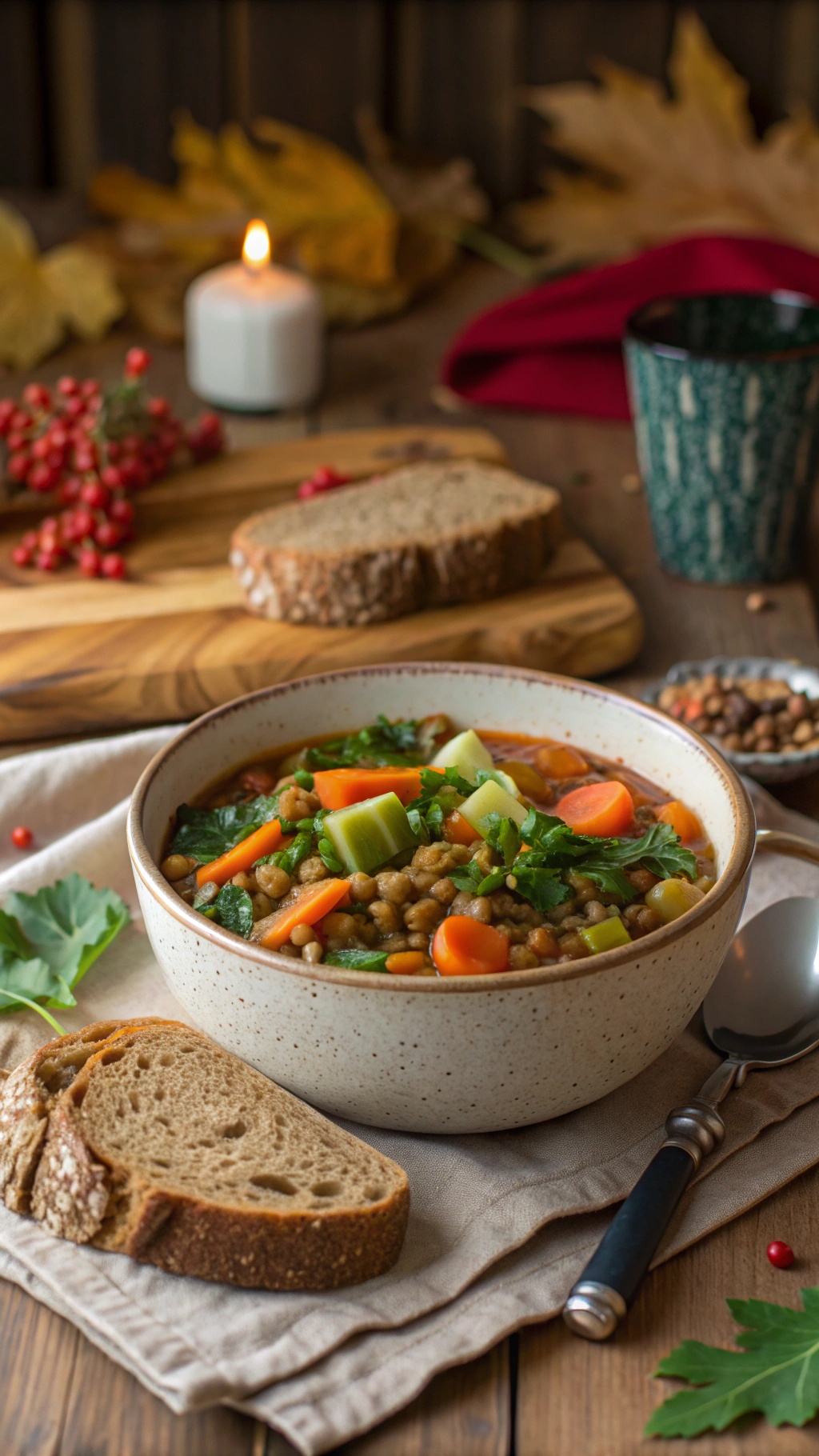 A bowl of lentil and vegetable stew with carrots and greens, served with a slice of bread.