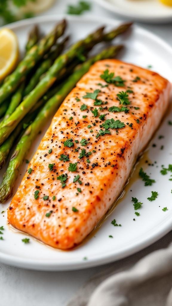 Baked salmon fillet with asparagus on a white plate, garnished with parsley and lemon slices.