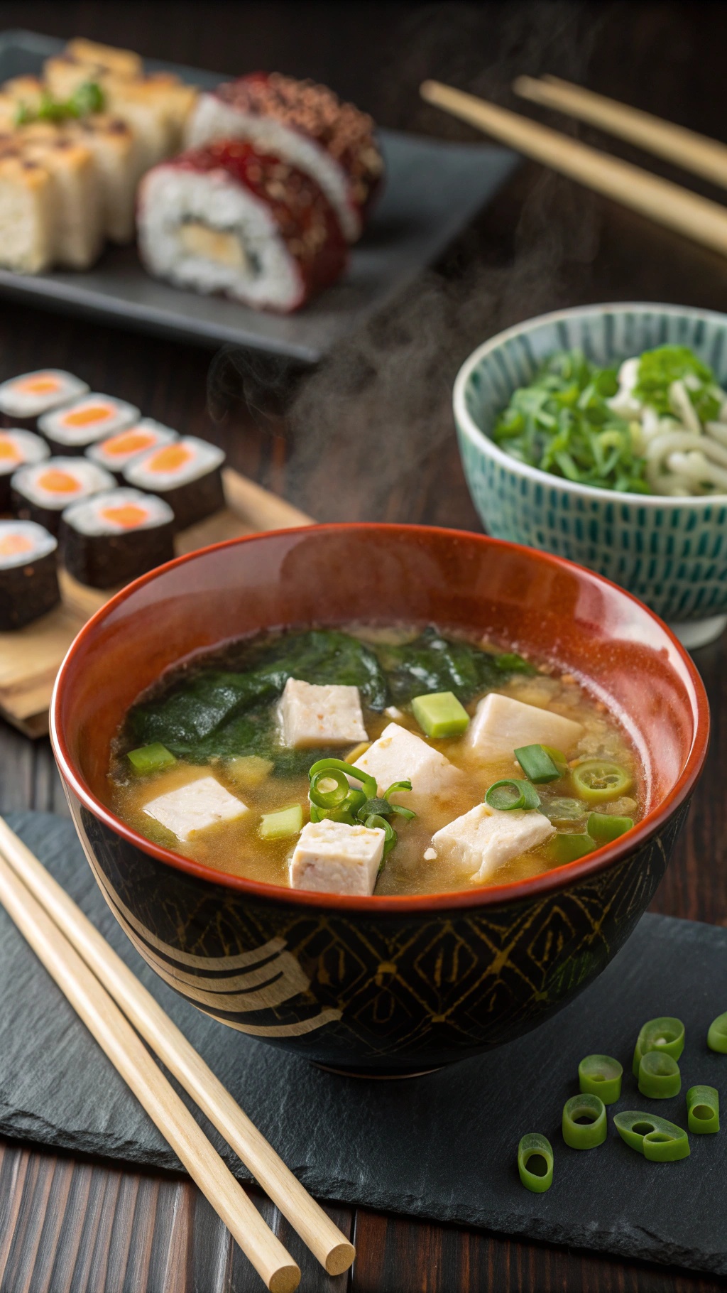 A bowl of miso soup with tofu and green onions, served with sushi.