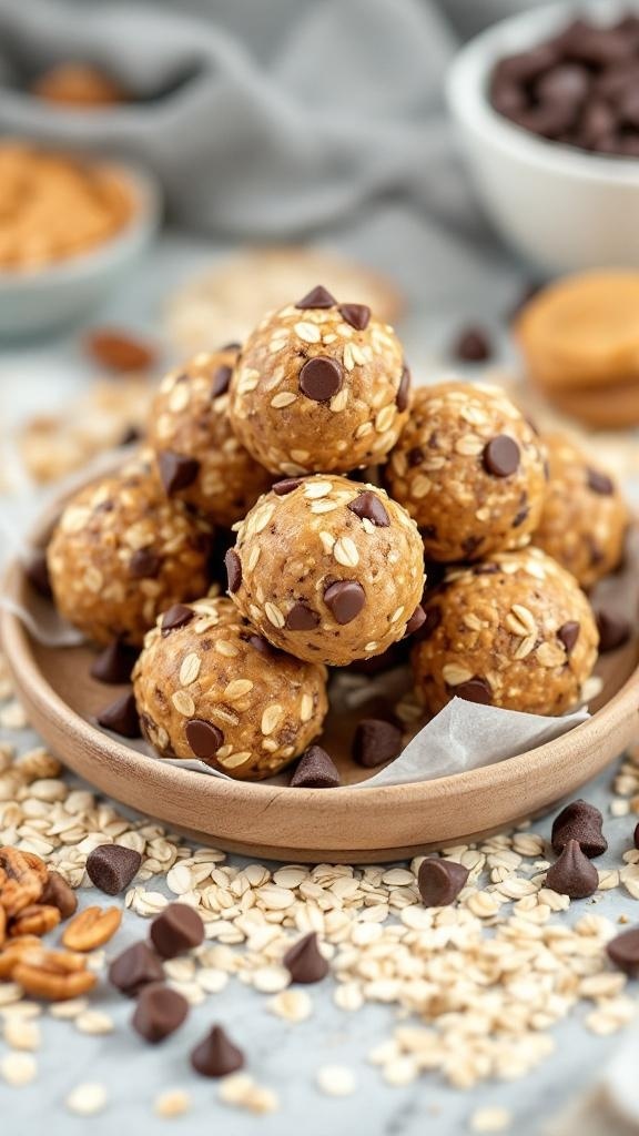 A plate of oatmeal energy balls with chocolate chips, surrounded by oats and nuts.