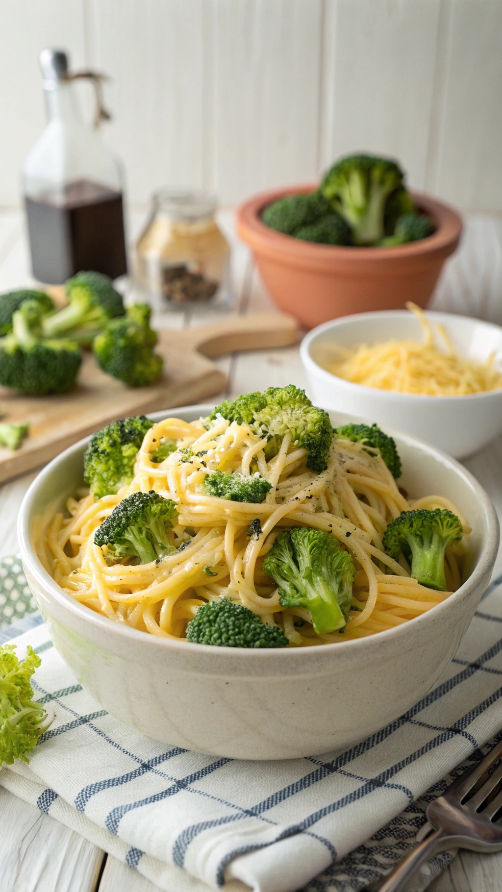 A bowl of broccoli and cheddar spaghetti with fresh broccoli in the background.