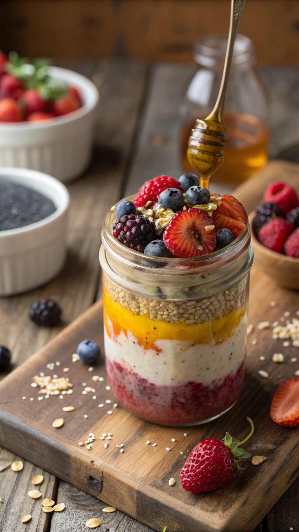 A jar of colorful overnight oats topped with fresh berries and honey.