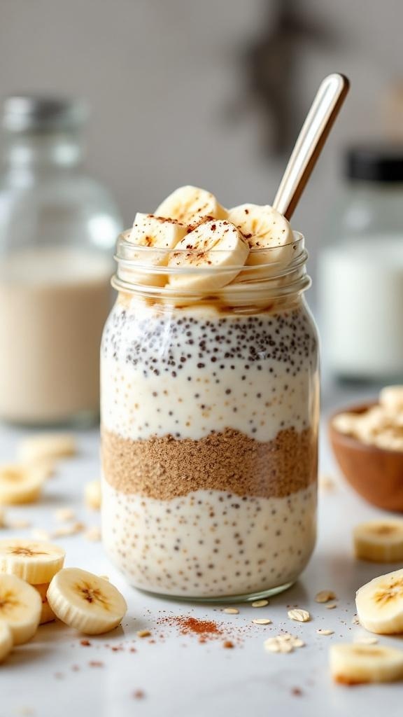 A jar of layered overnight oats with banana slices and chia seeds