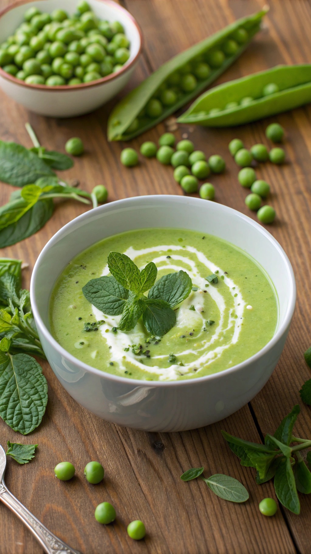 A bowl of green pea and mint detox soup garnished with mint leaves and a swirl of cream, surrounded by fresh peas and mint on a wooden table.