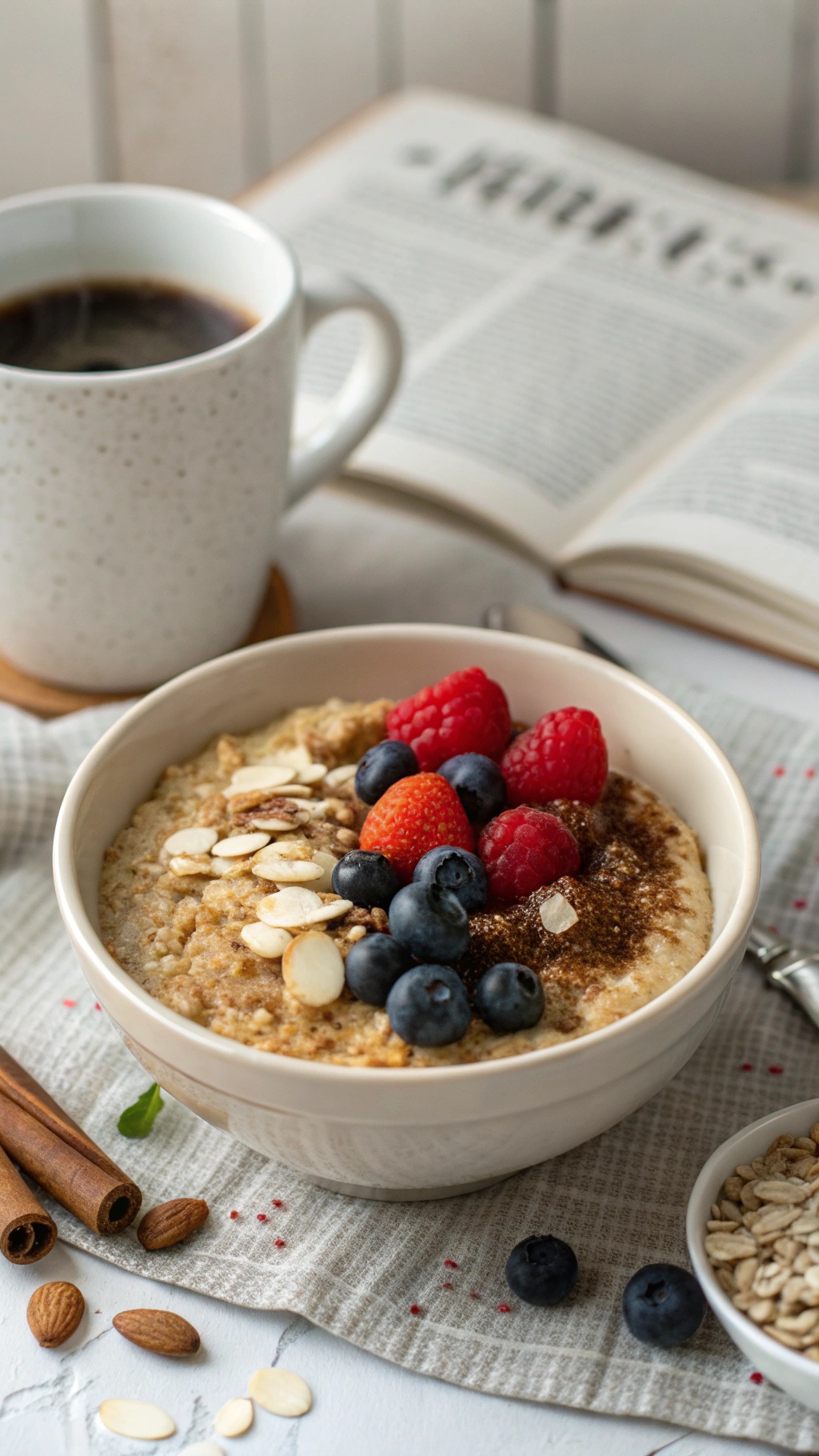 A bowl of quinoa breakfast porridge topped with fresh berries and almonds, with a cup of coffee and an open book in the background.