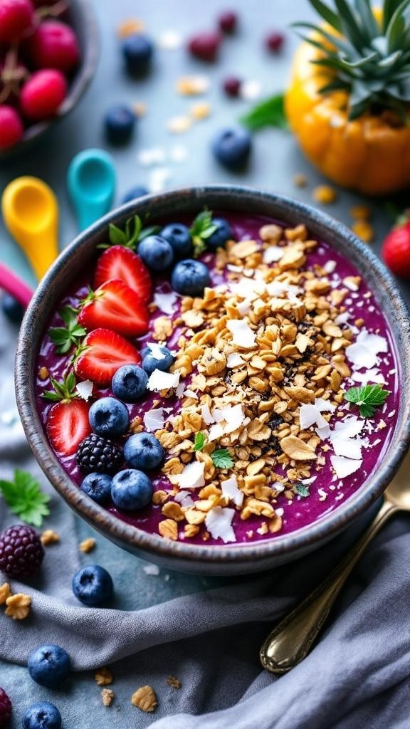 A colorful smoothie bowl topped with fresh fruits, granola, and coconut.