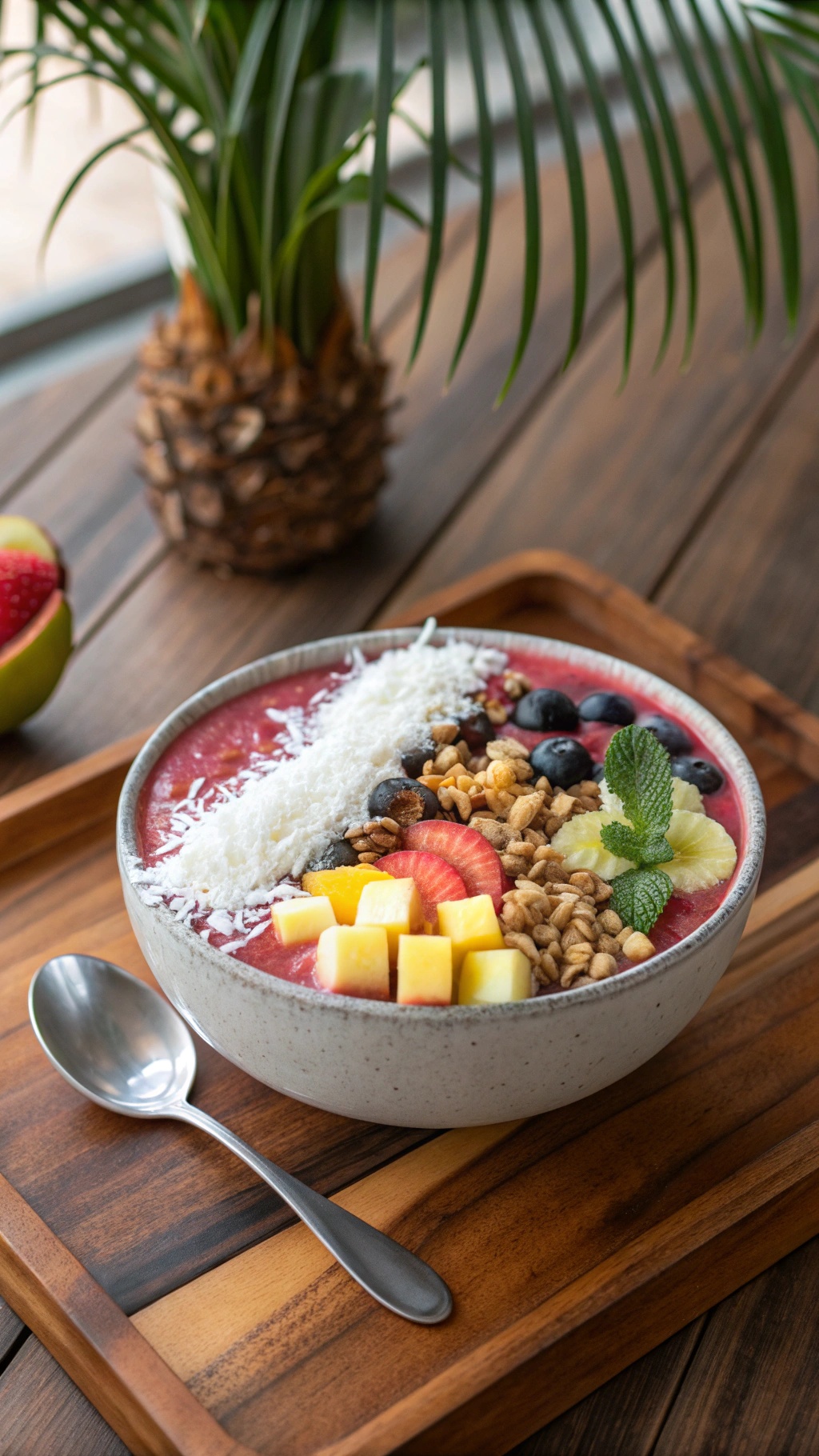A colorful smoothie bowl topped with fruits, granola, and coconut, placed on a wooden tray.
