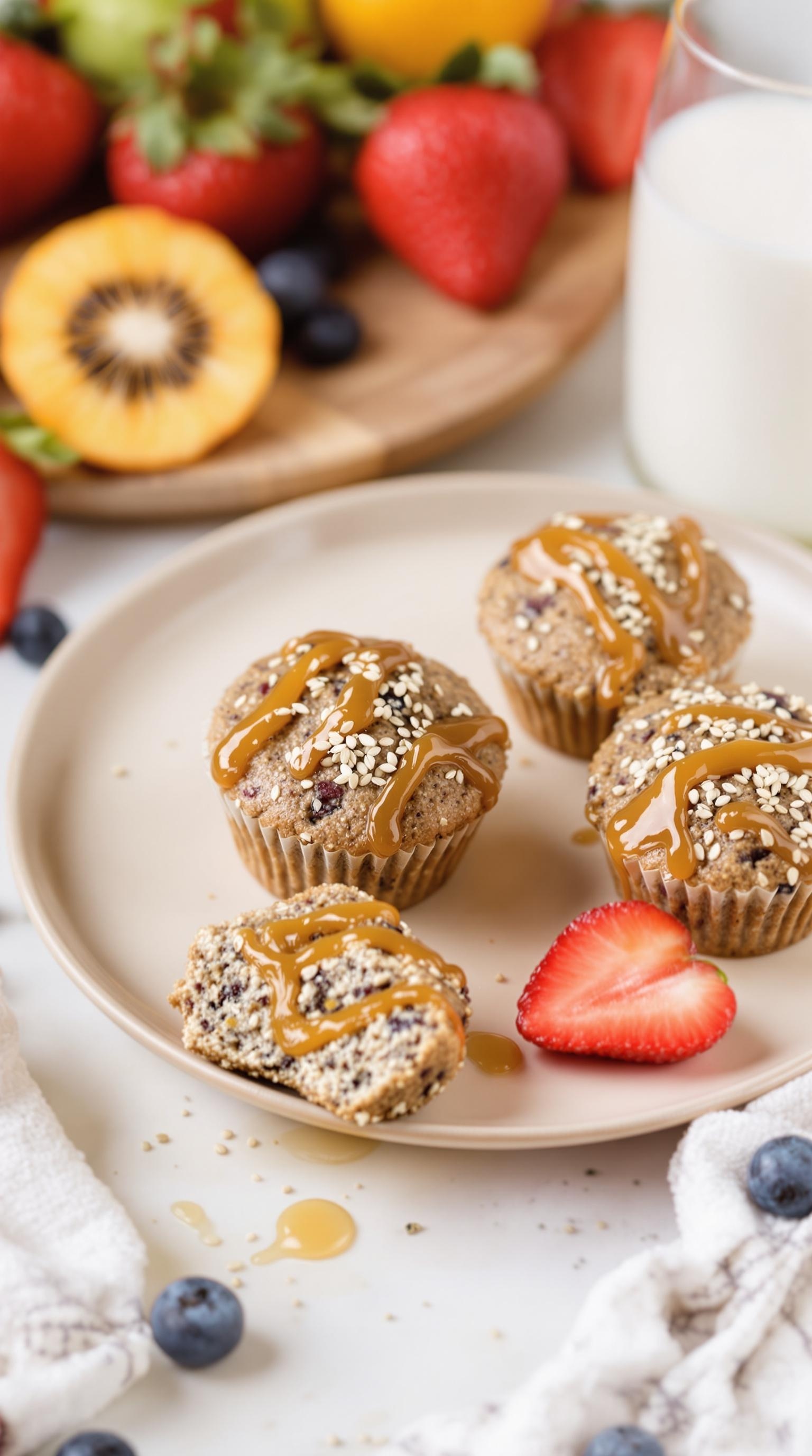 Chia Seed Protein Muffins topped with sauce and sesame seeds, surrounded by fresh fruits.