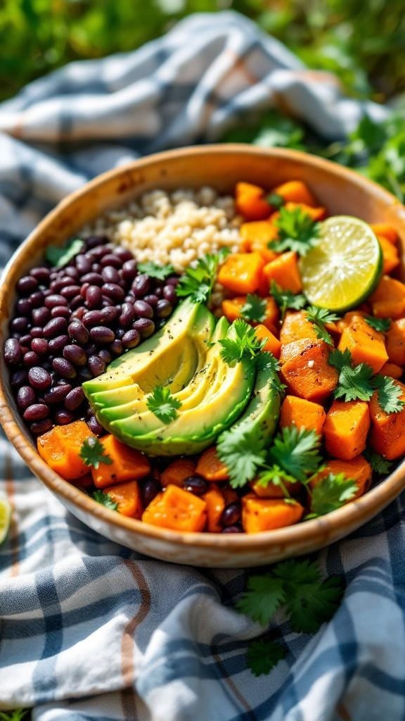 A colorful bowl filled with sweet potatoes, black beans, quinoa, avocado, and cilantro, set on a checkered cloth.