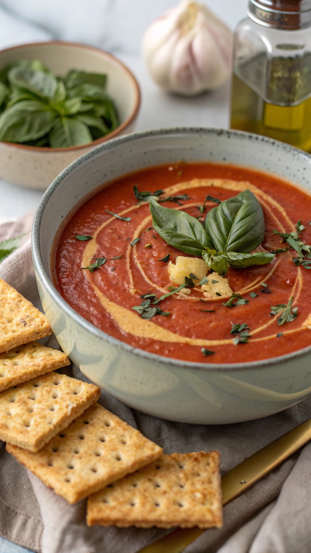 A bowl of tomato basil soup garnished with basil leaves and served with crackers.