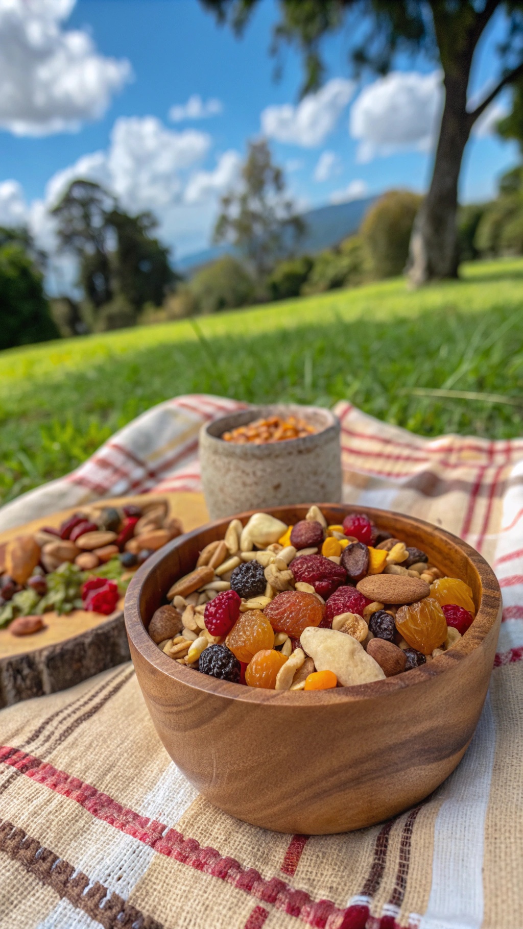 A wooden bowl filled with colorful trail mix on a picnic blanket in a green park.