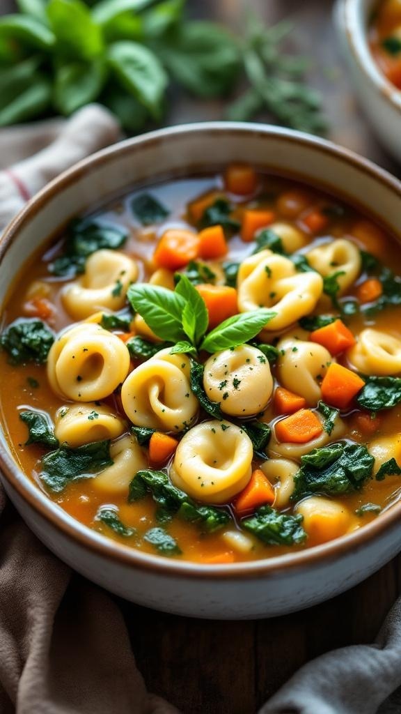 A bowl of turkey and spinach tortellini soup with carrots and fresh herbs.