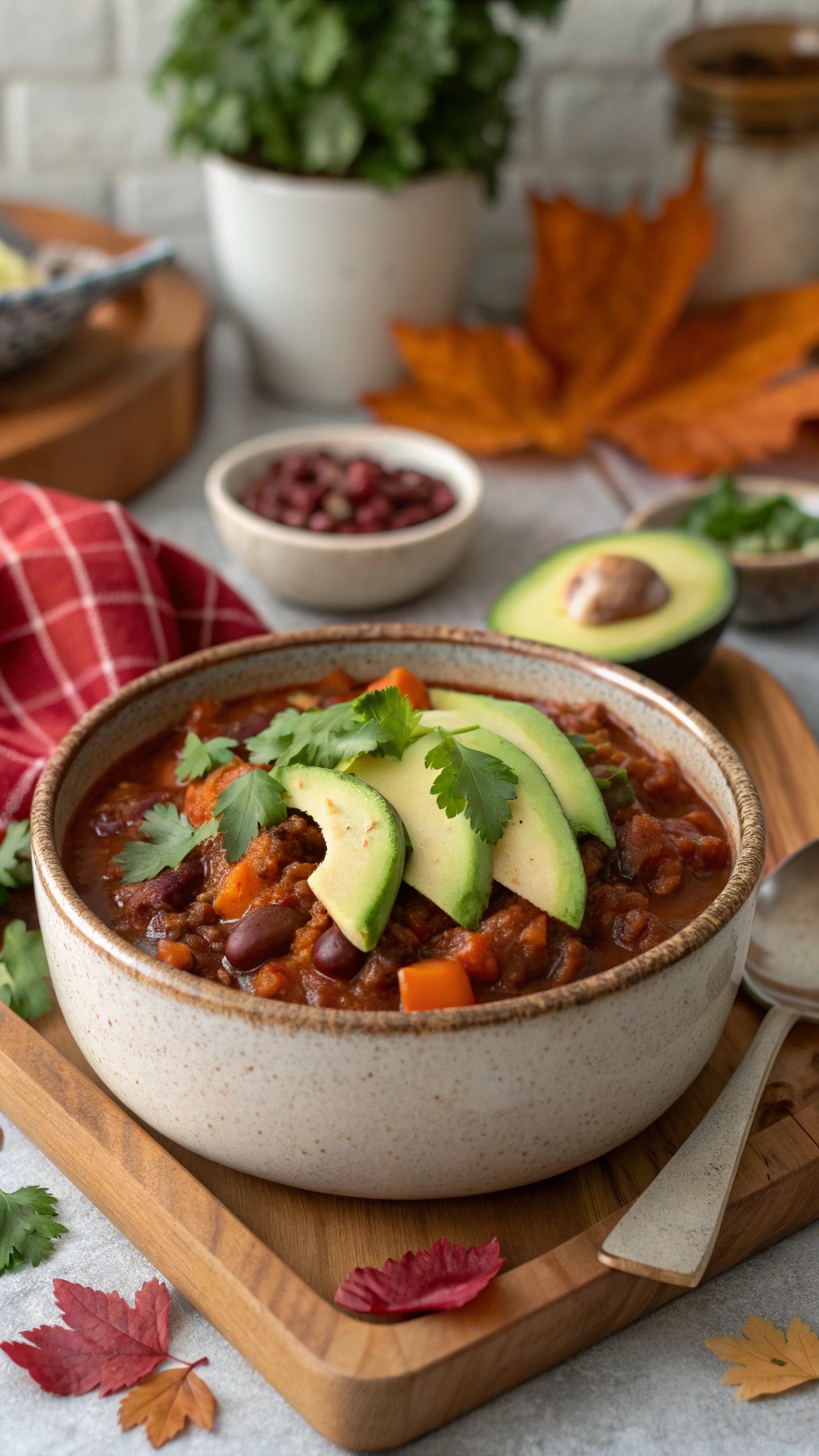 A bowl of vegetable and bean chili topped with avocado and cilantro, surrounded by colorful fall leaves and herbs.