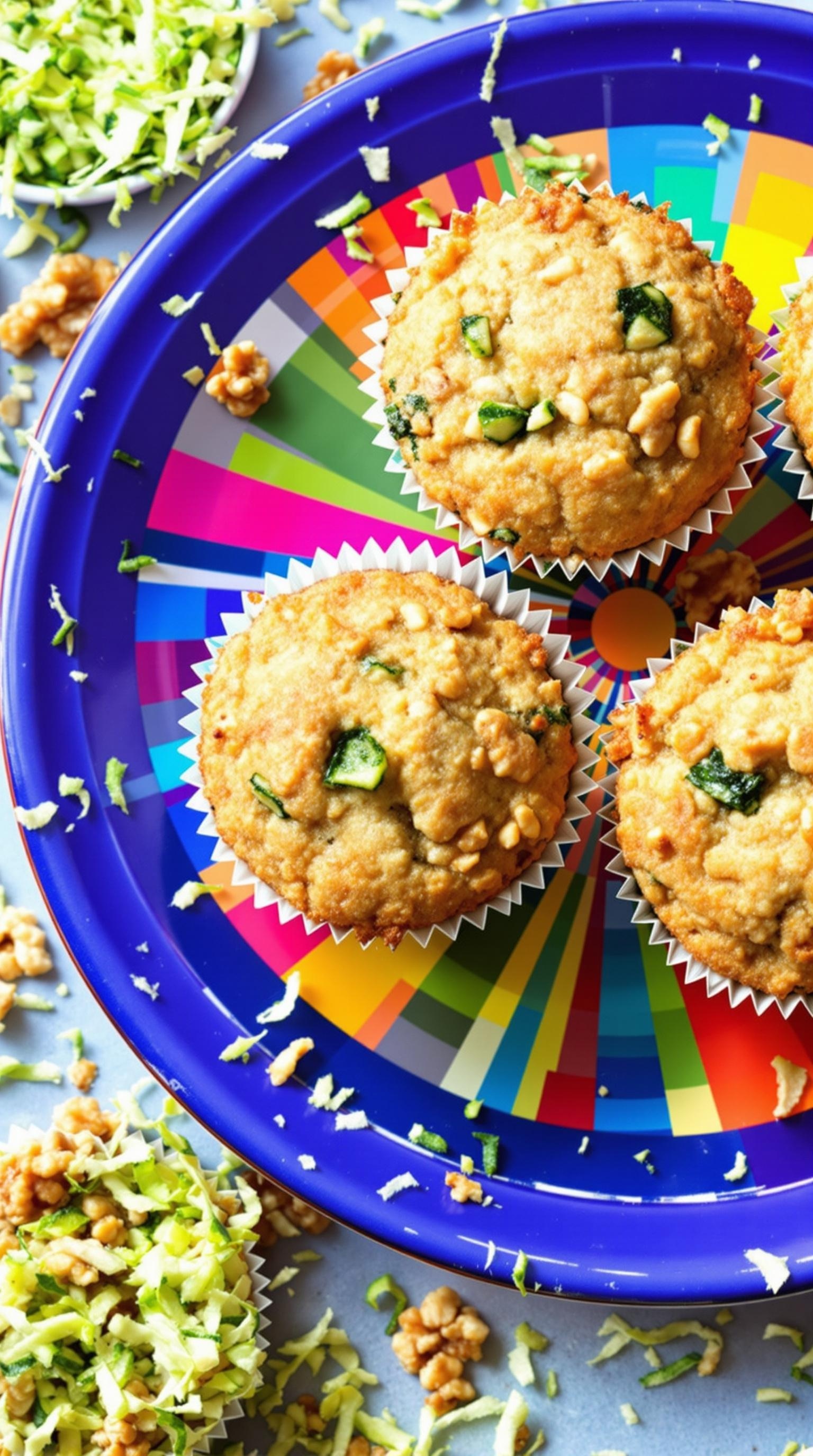 Nutritious zucchini and walnut muffins on a colorful plate with shredded zucchini and walnuts scattered around.