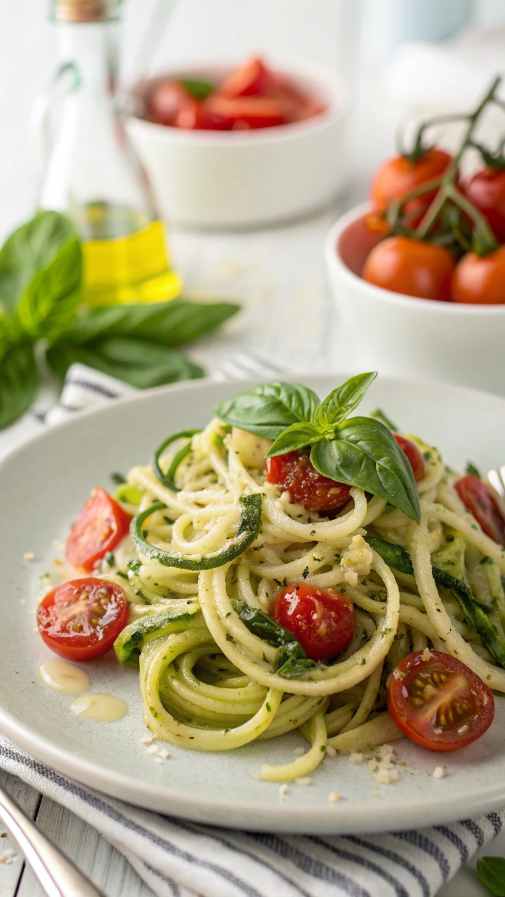 A plate of zucchini noodles topped with cherry tomatoes and basil, showcasing a healthy and colorful meal.