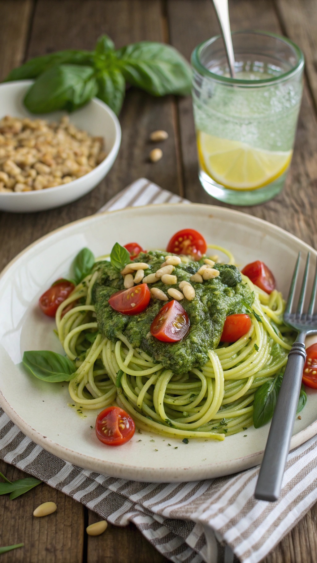 A plate of zucchini noodles topped with pesto, cherry tomatoes, and pine nuts, served with a refreshing drink.