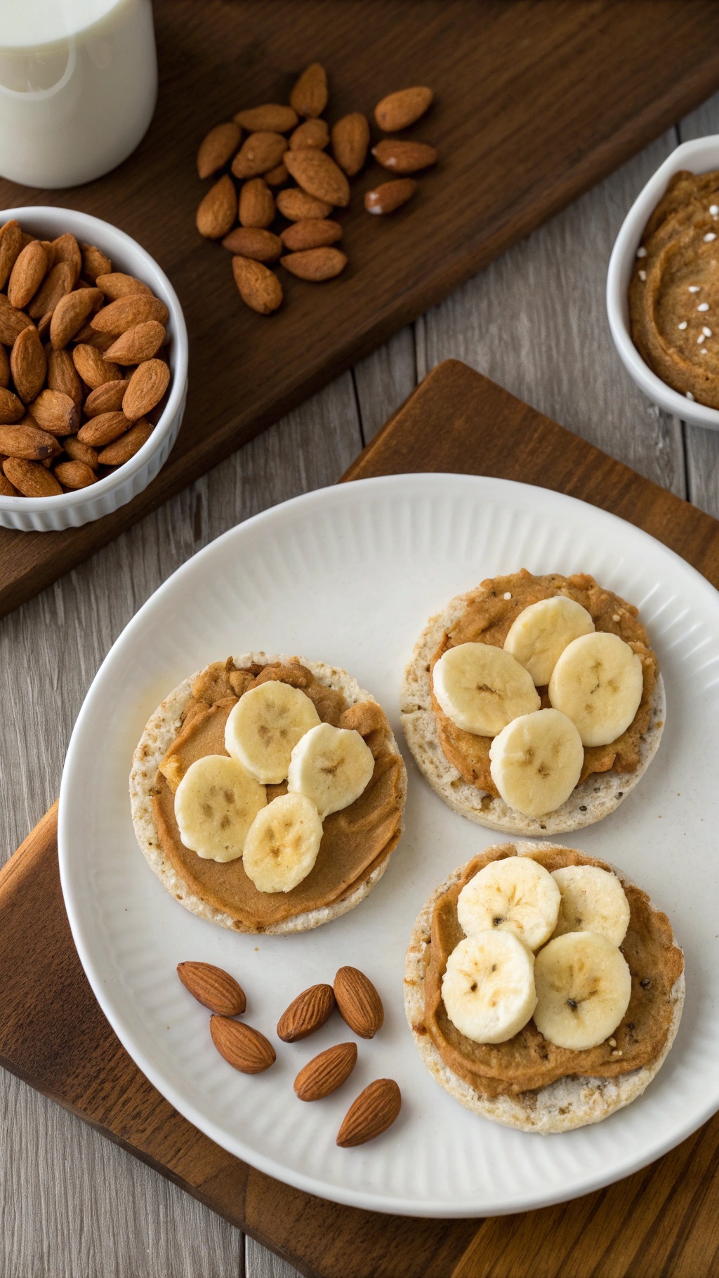 Rice cakes topped with almond butter and banana slices, with almonds and milk in the background.