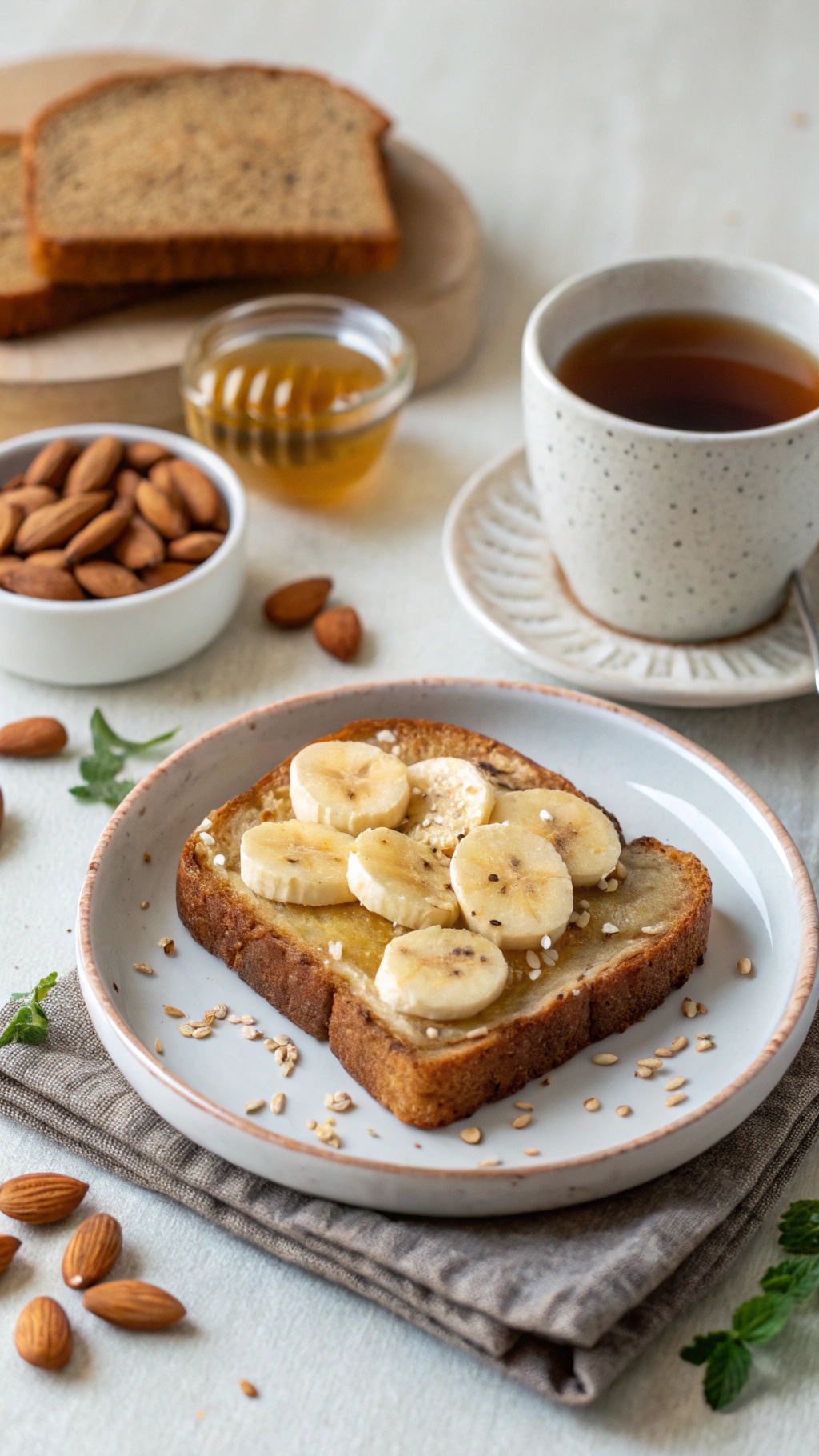 A slice of whole-grain toast topped with almond butter and banana slices, served with almonds and honey.