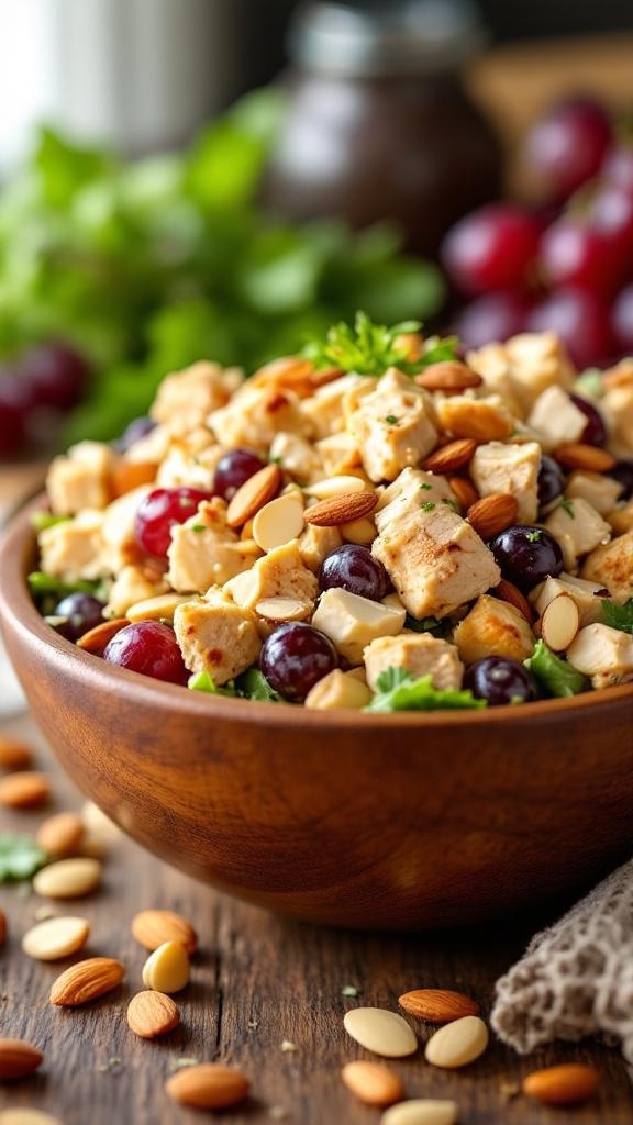 A bowl of Nutty Almond Chicken Salad with chicken, grapes, and almonds.
