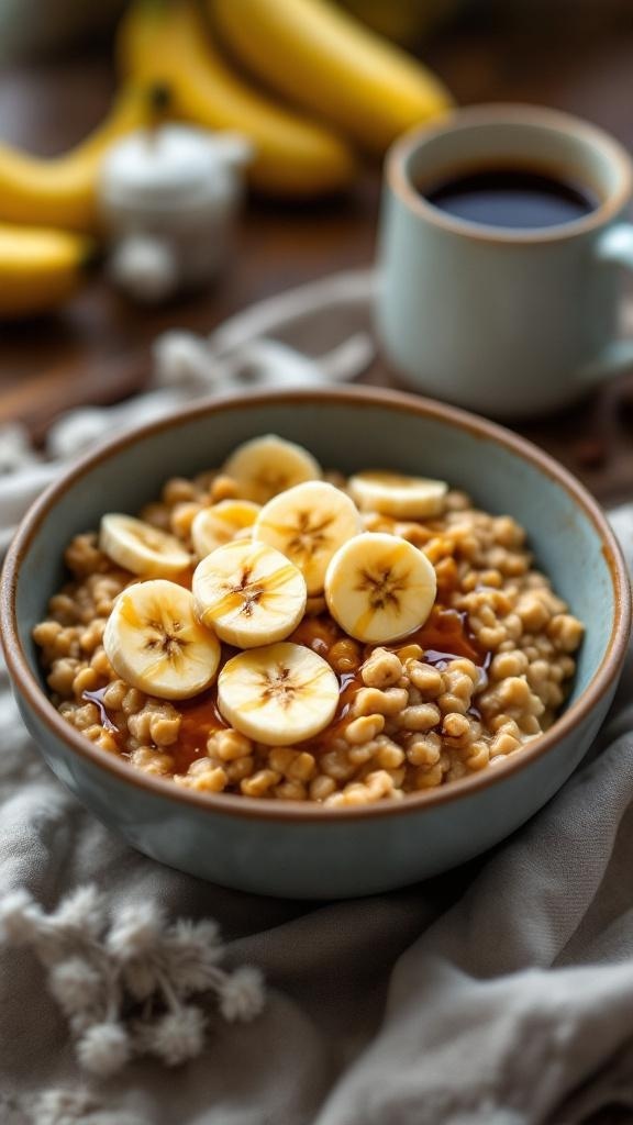 A bowl of peanut butter oatmeal topped with banana slices, with a cup of coffee in the background.