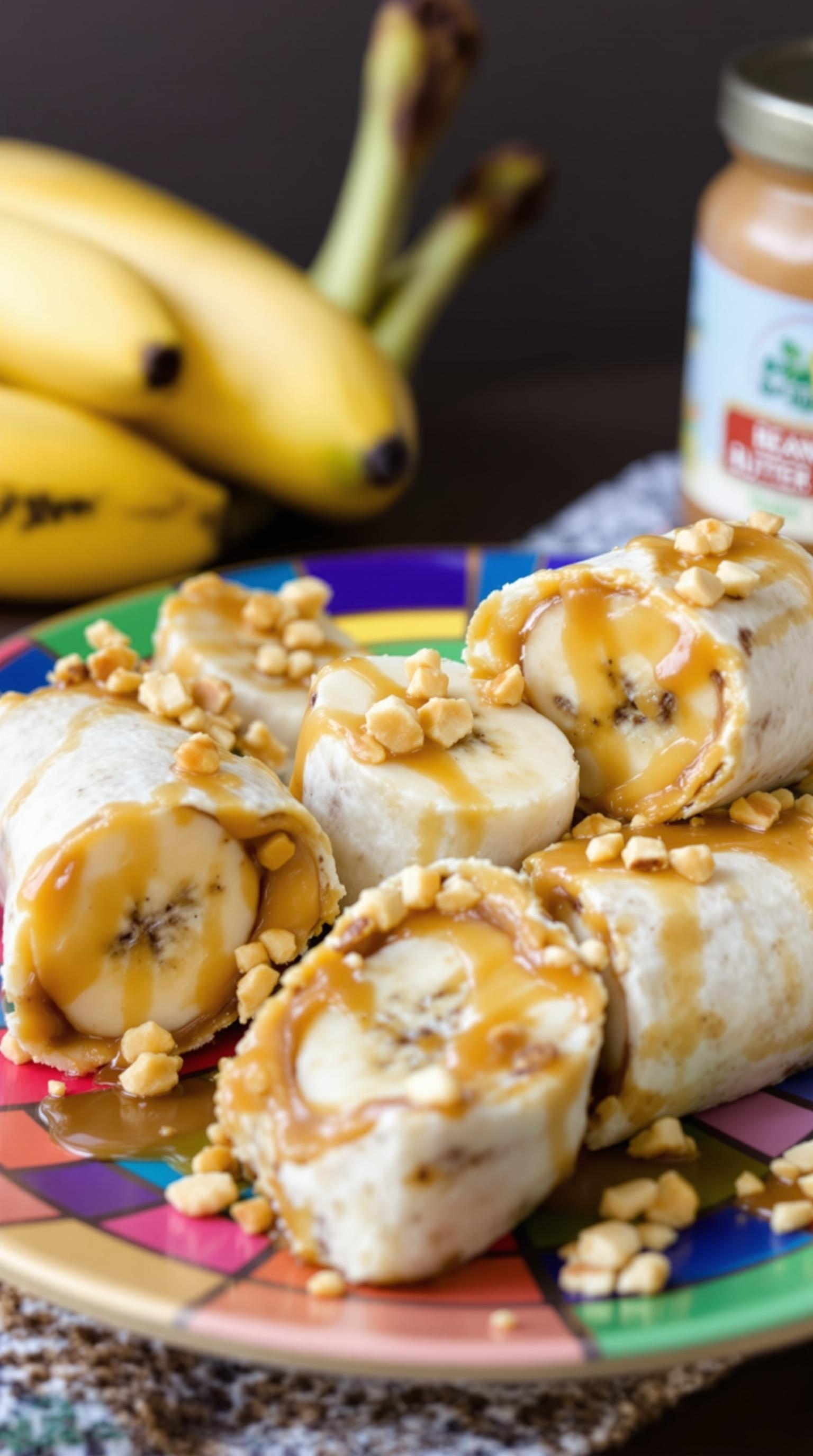 Nutty Banana and Peanut Butter Wrap on a colorful plate with bananas and peanut butter in the background.