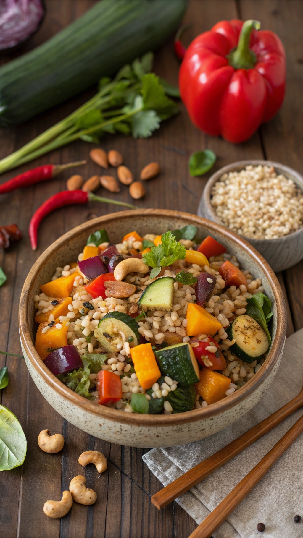 A bowl of Nutty Brown Rice Salad with roasted vegetables, nuts, and fresh herbs.