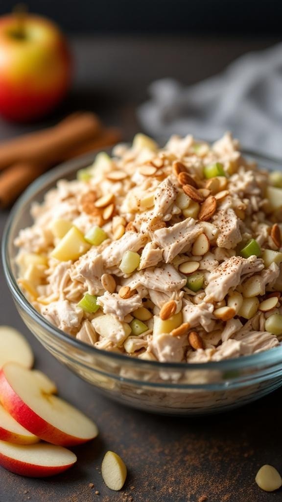 A bowl of nutty chicken salad with almonds and apples, garnished with cinnamon, surrounded by apple slices.