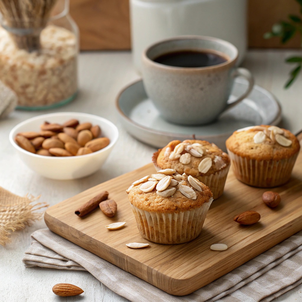 Almond flour protein muffins topped with sliced almonds, displayed with a bowl of almonds and a cup of coffee.