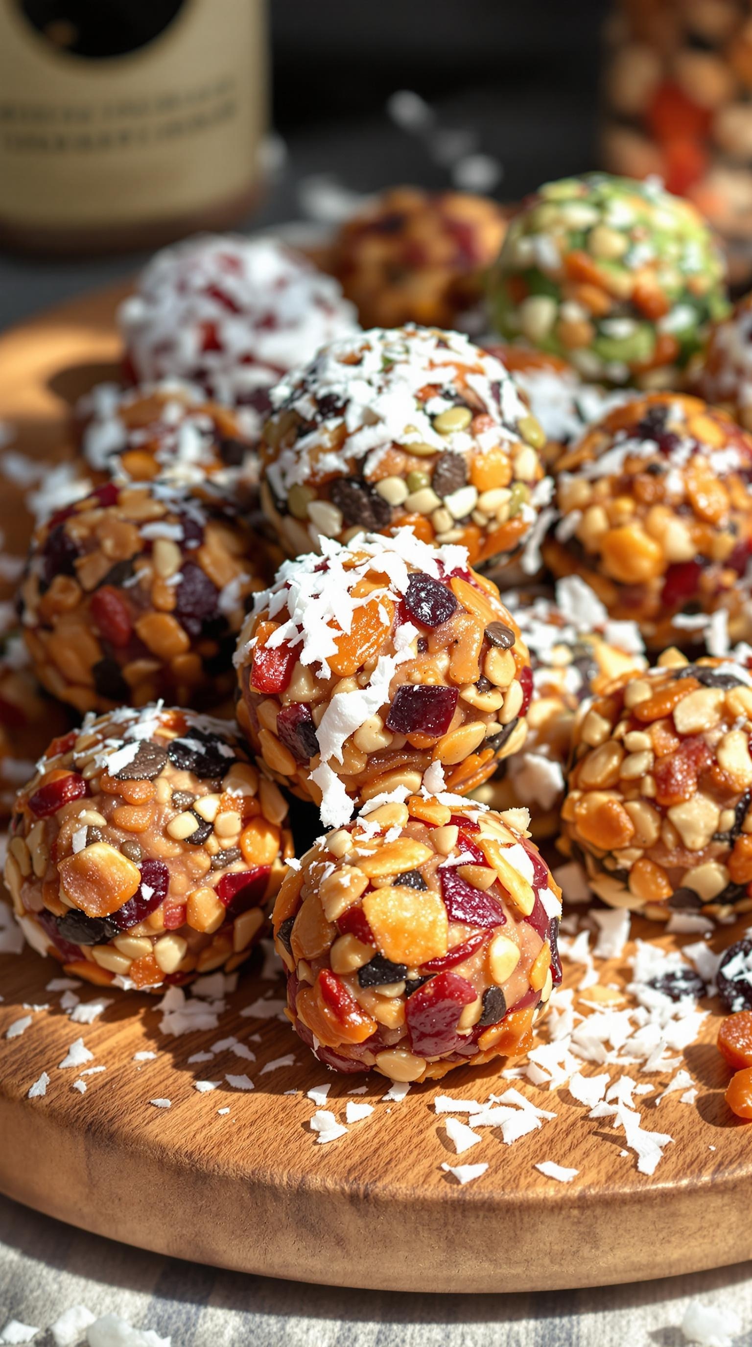 A close-up of colorful nutty energy bites on a wooden platter, showcasing various nuts, seeds, and dried fruits.