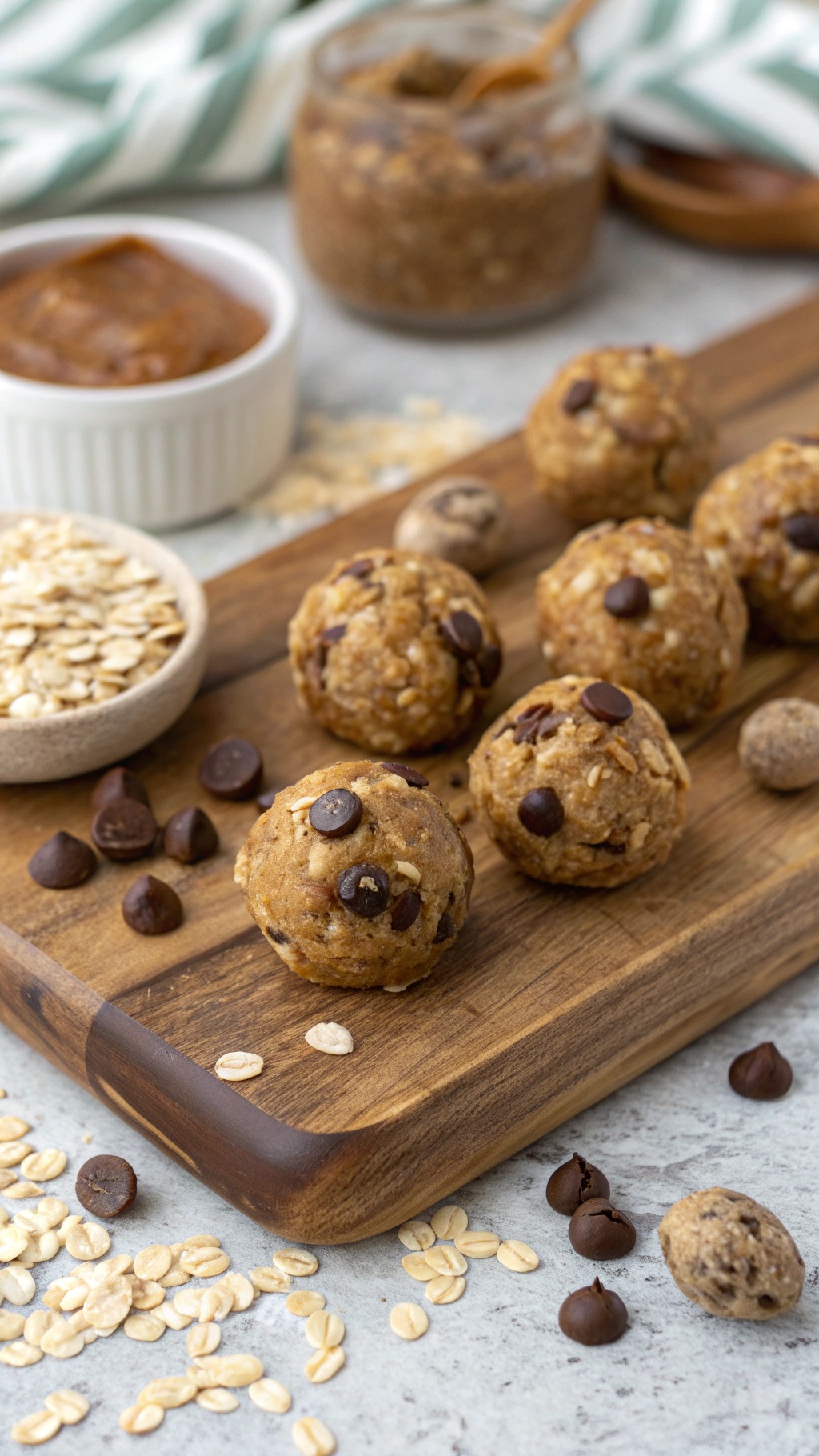 Nutty energy bites on a wooden board with oats and chocolate chips