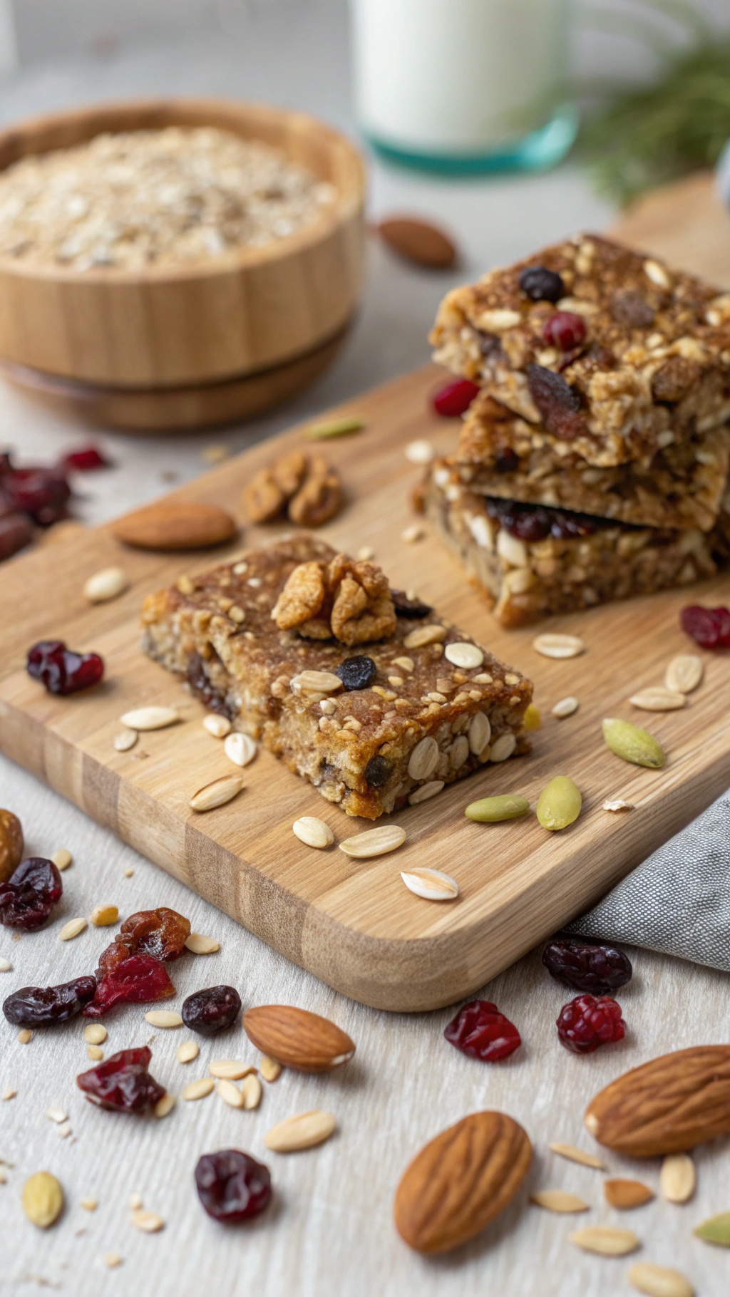 Nutty granola bars stacked on a wooden board with oats and nuts scattered around.