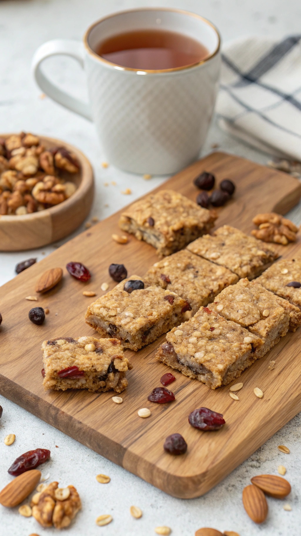 Nutty granola bars on a wooden board with nuts and a cup of tea