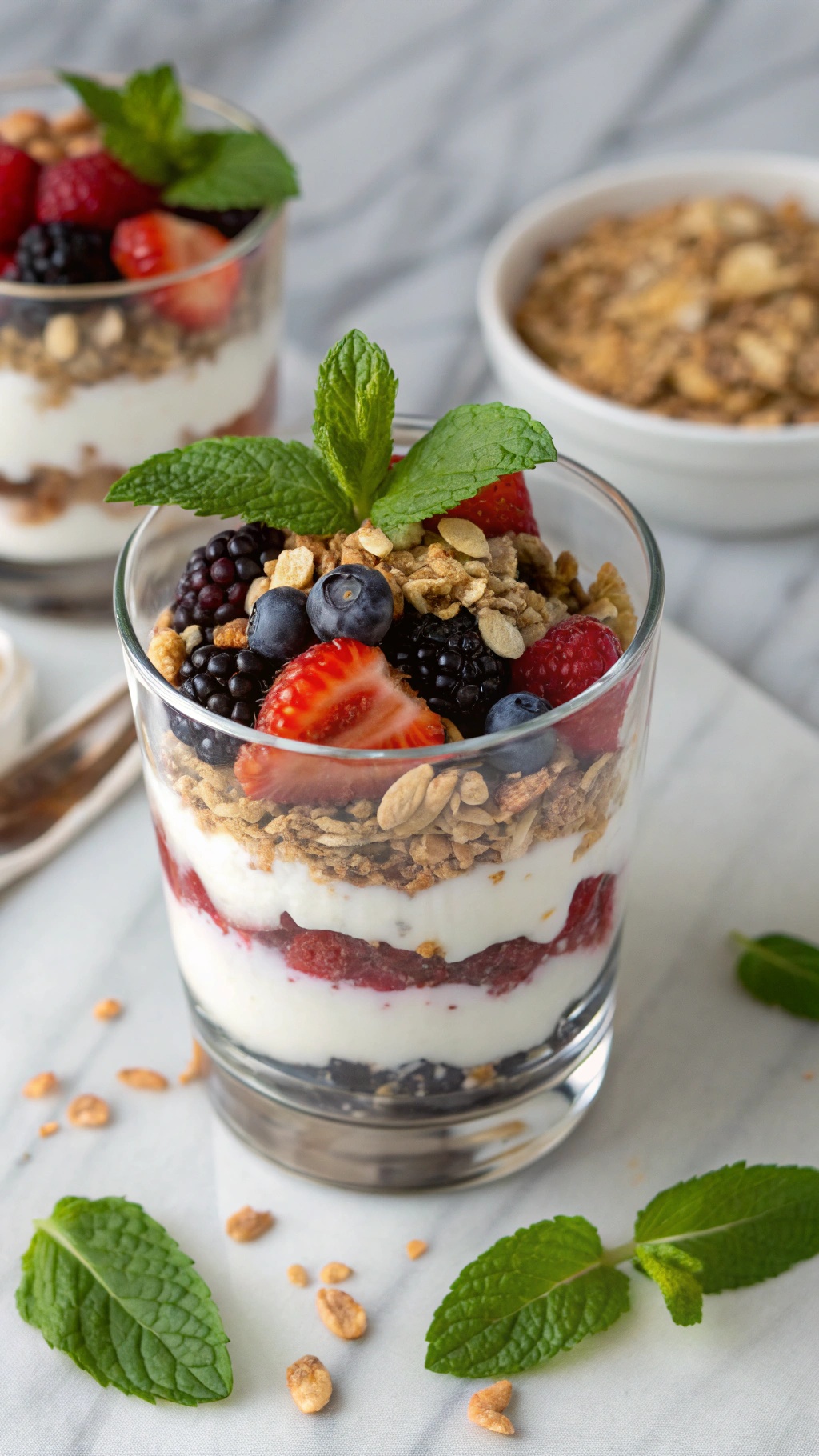 A Nutty Greek Yogurt Parfait with layers of yogurt, berries, granola, and mint leaves.