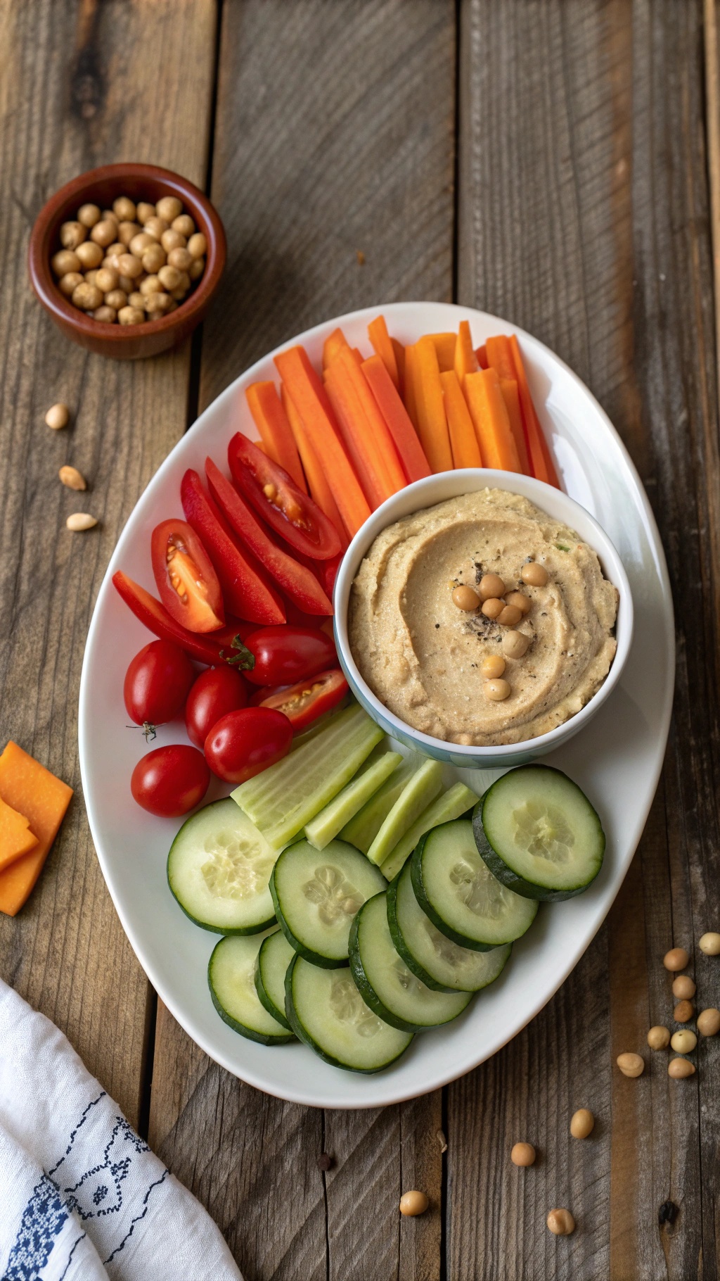 A colorful plate featuring nutty hummus surrounded by fresh vegetables like carrots, cucumbers, cherry tomatoes, and bell peppers.