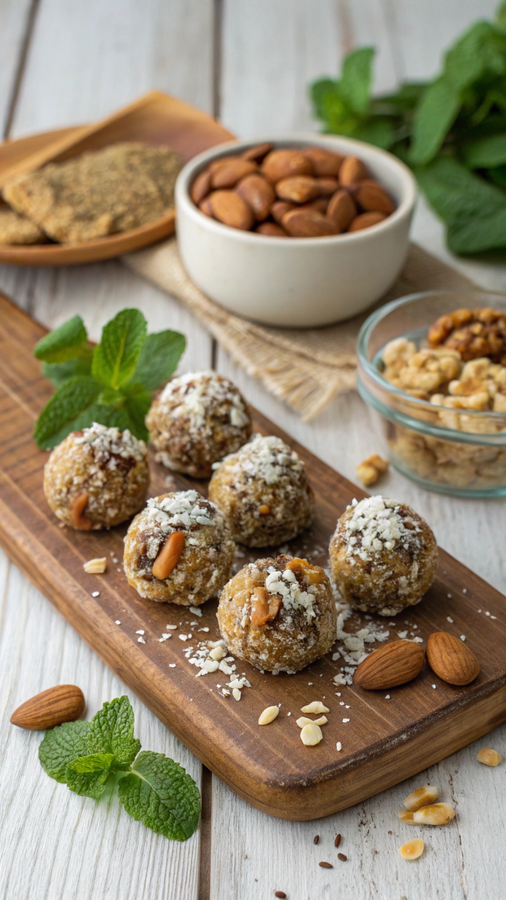 Nutty protein-packed energy bites on a wooden board with almonds and mint leaves