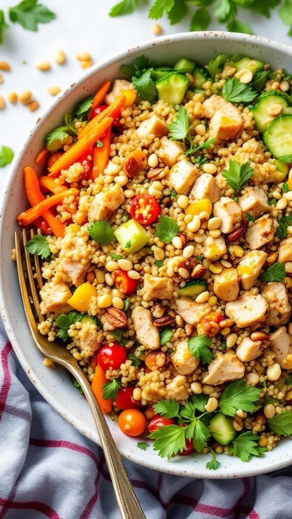 A colorful bowl of Nutty Quinoa Chicken Salad with chicken, quinoa, vegetables, and nuts.