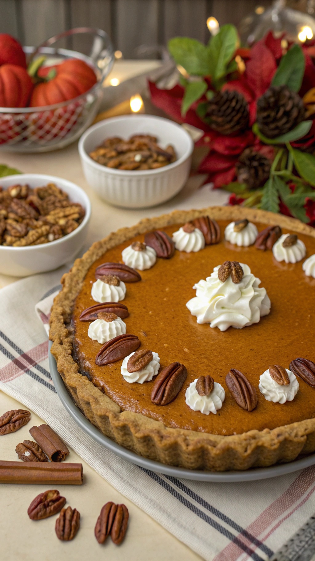 A delicious Nutty Sweet Potato Pie topped with pecans and whipped cream, surrounded by festive decorations.
