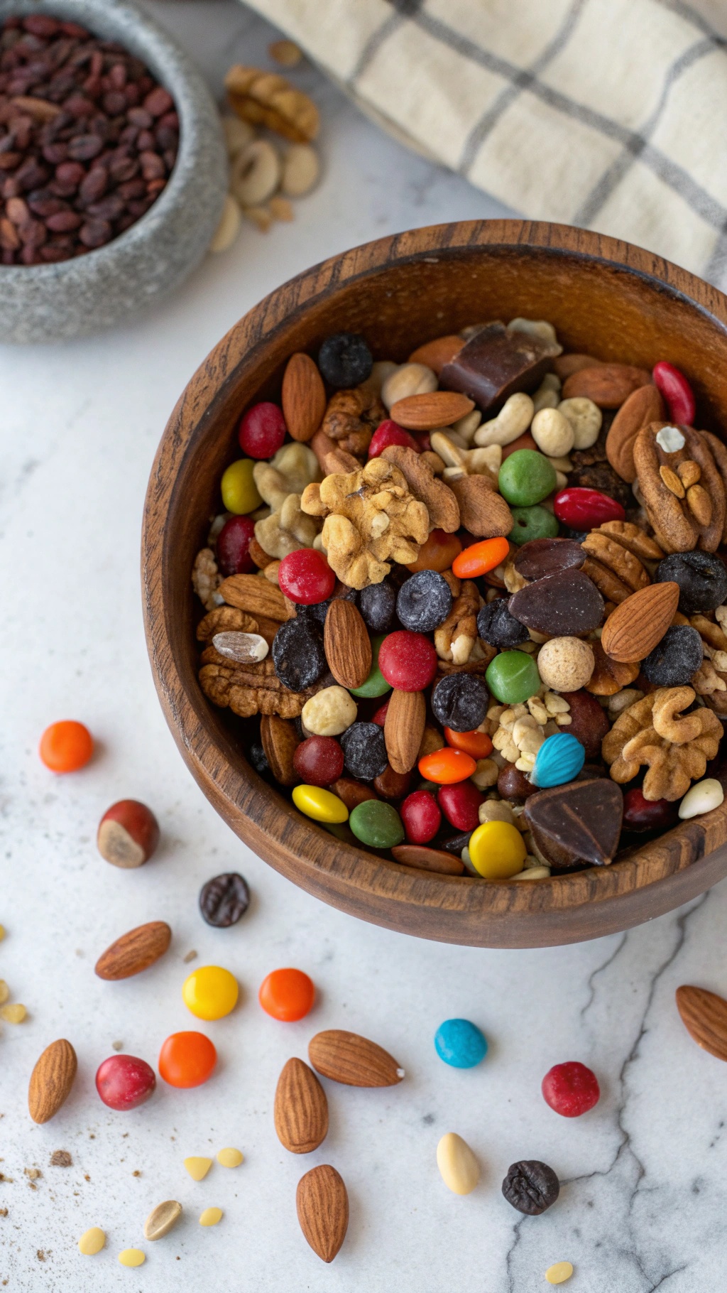A wooden bowl filled with a colorful nutty trail mix containing nuts, chocolate pieces, and candy.