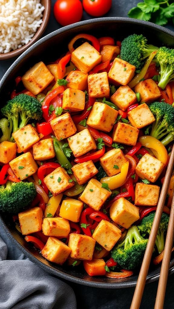 A colorful bowl of nutty vegan stir-fried tofu and vegetables with rice.