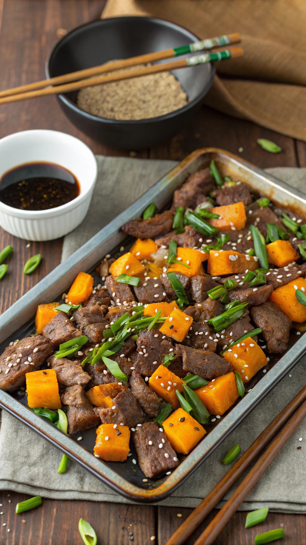A sheet pan with beef and butternut squash stir-fry, garnished with green onions and sesame seeds.