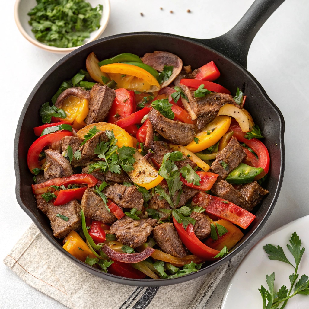 A colorful one-pan beef and veggie skillet with bell peppers and potatoes.