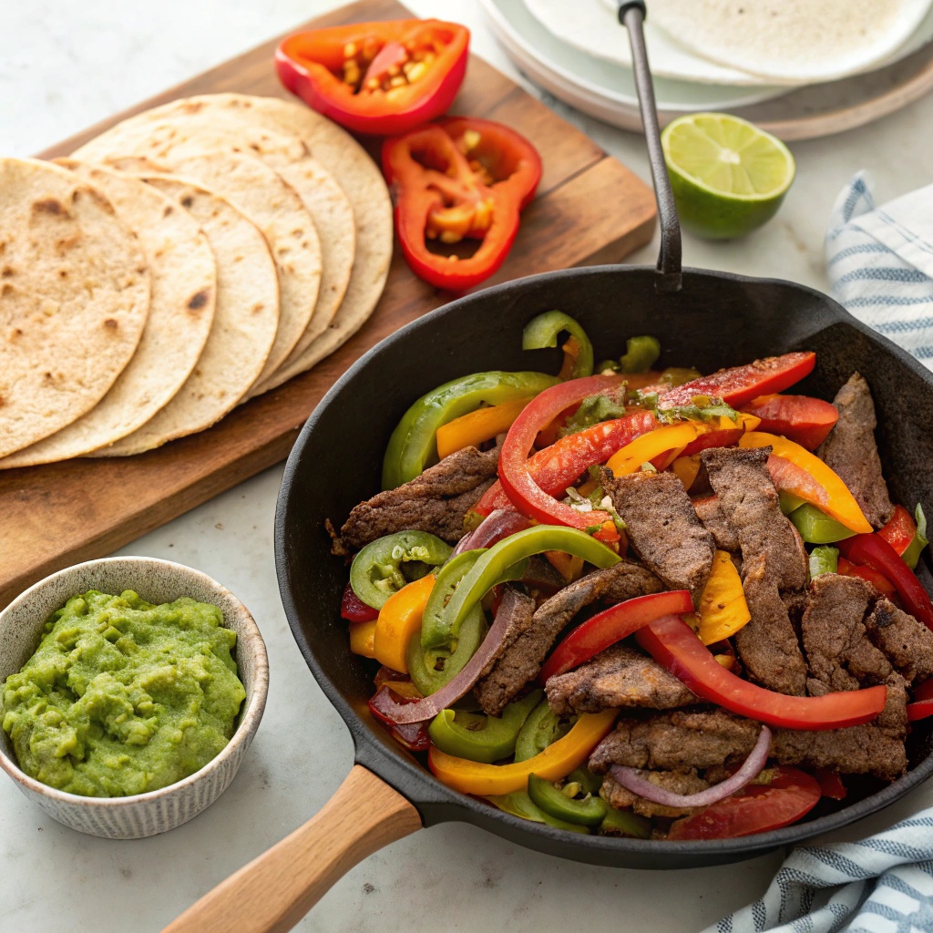 A colorful display of beef fajitas with bell peppers and onions in a skillet, served with tortillas.
