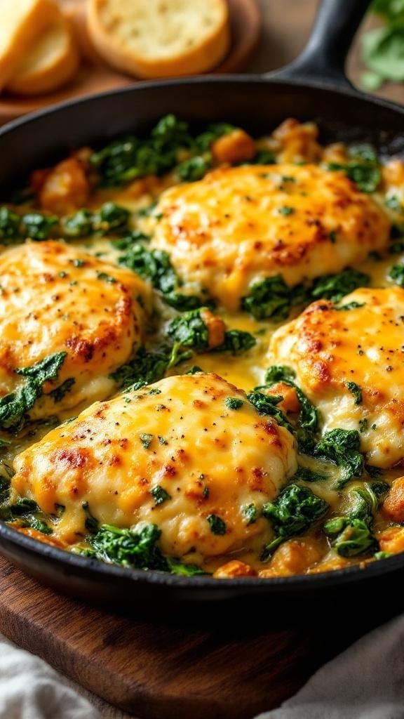 A skillet filled with cheesy chicken breasts and spinach, topped with melted cheese.
