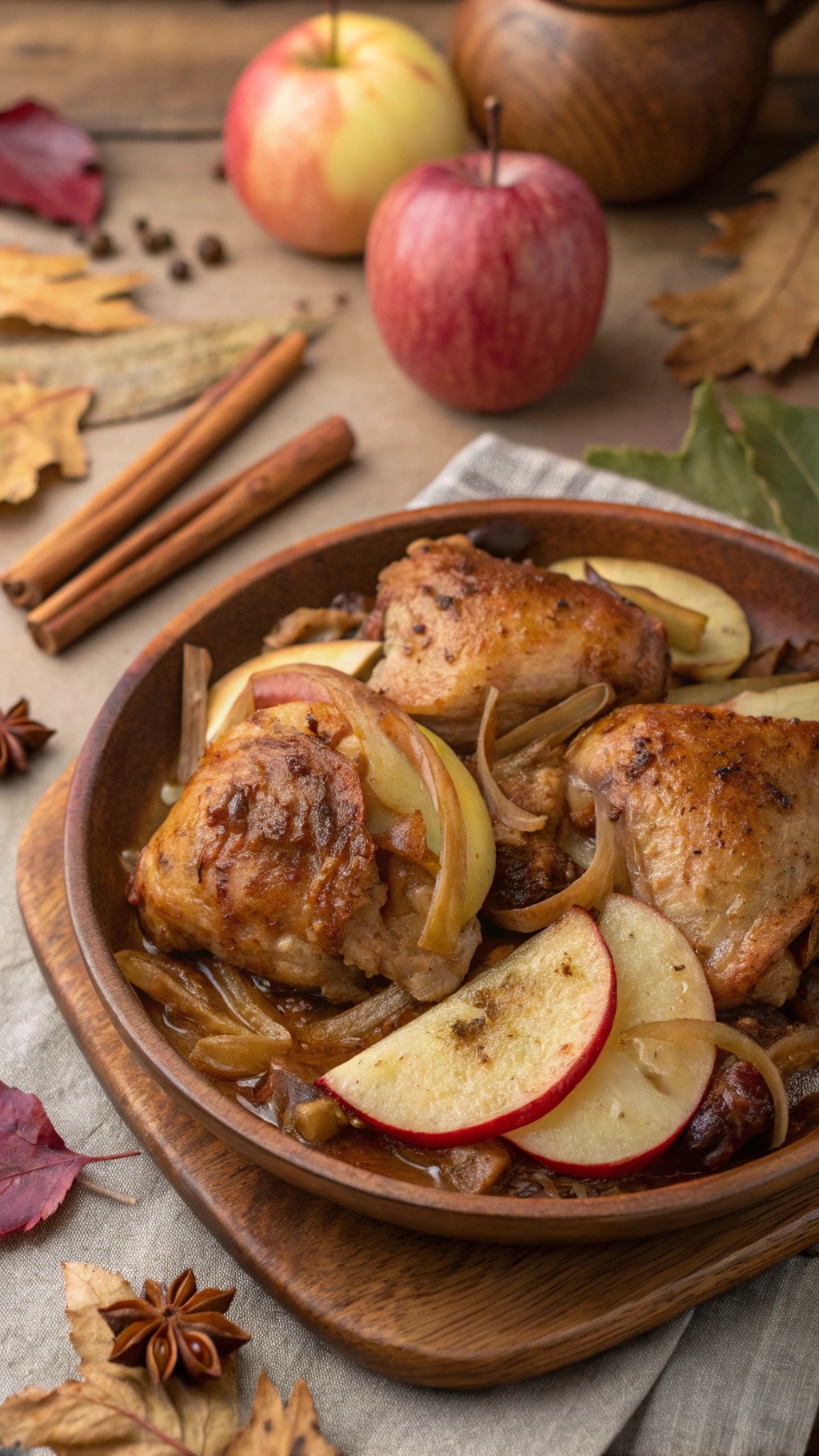 One-pan chicken thighs with apples and onions, garnished with herbs.