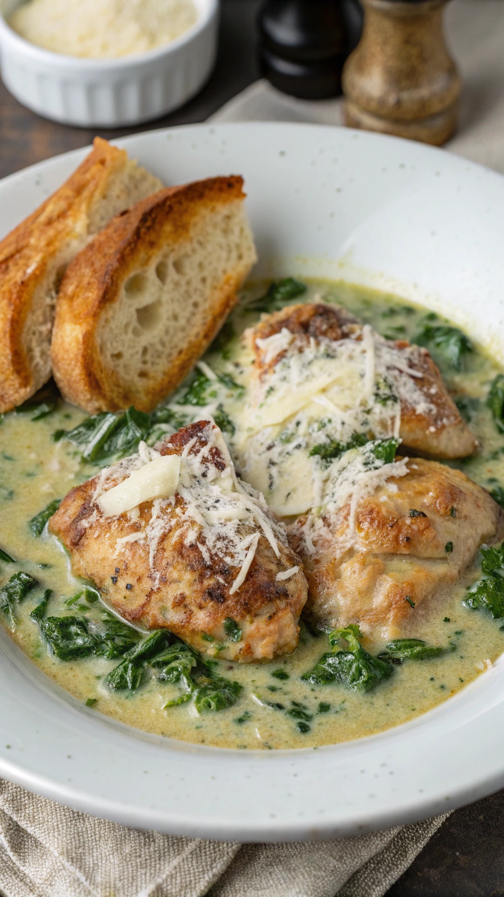 A plate of chicken thighs in creamy spinach sauce with crusty bread on the side.