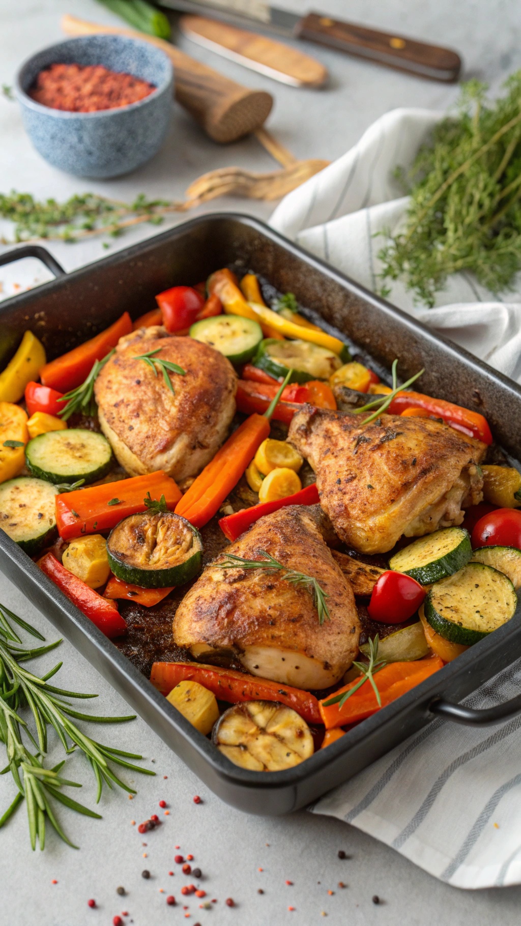 A one-pan dish featuring chicken thighs and colorful roasted vegetables.
