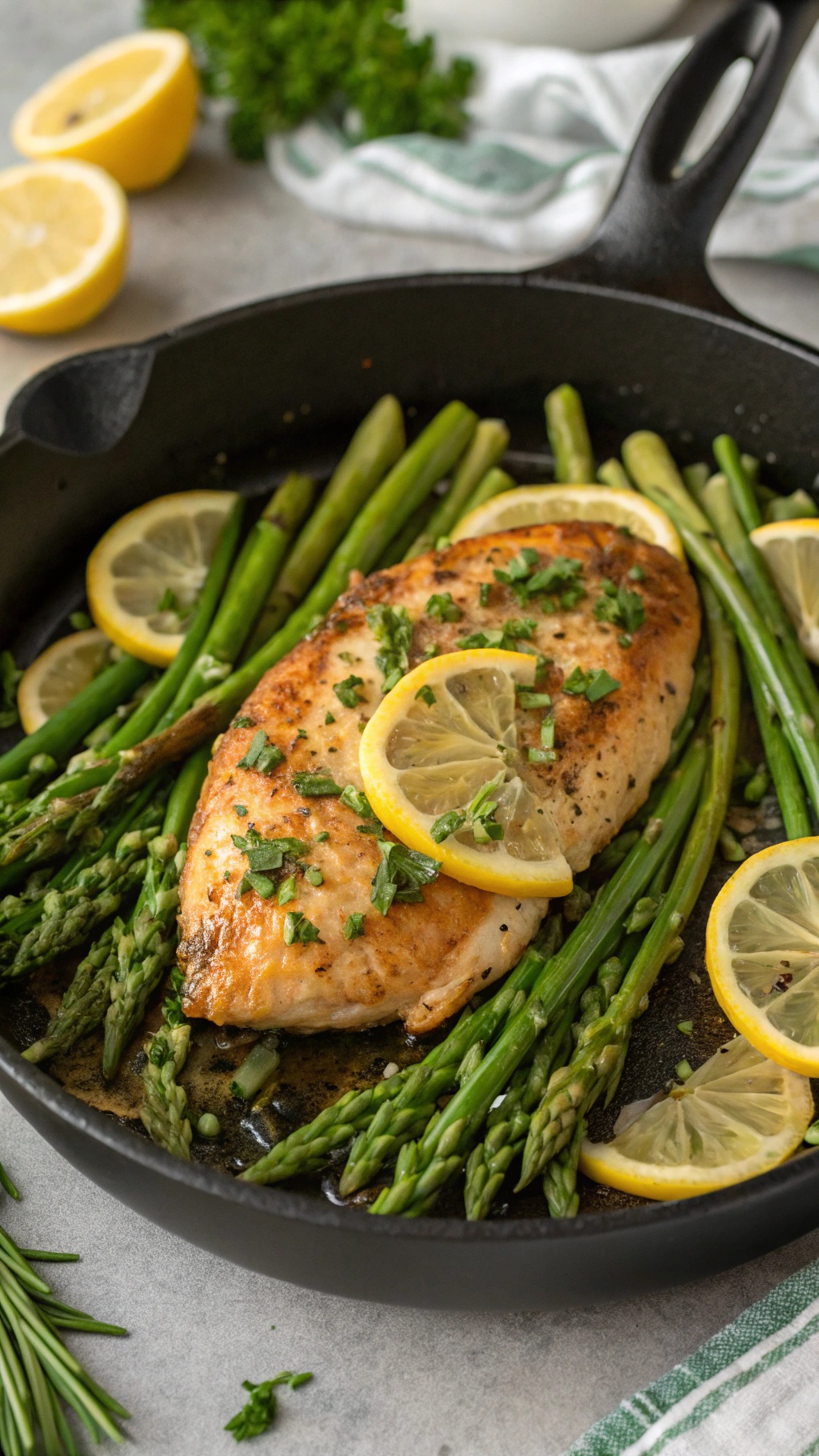A skillet with garlic butter chicken and asparagus, garnished with lemon slices and fresh herbs.