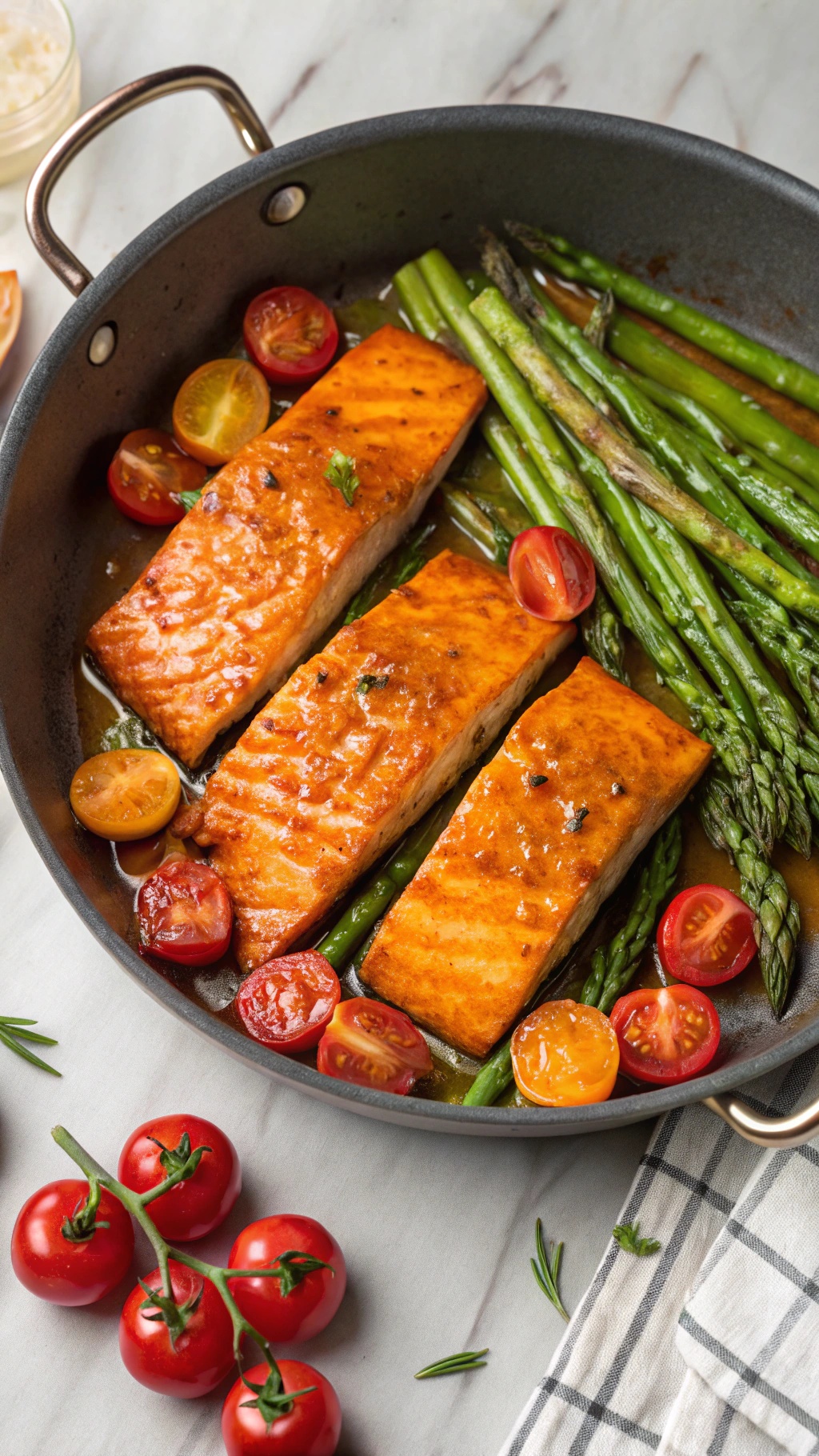 One-Pan Honey Mustard Salmon with Asparagus and Cherry Tomatoes