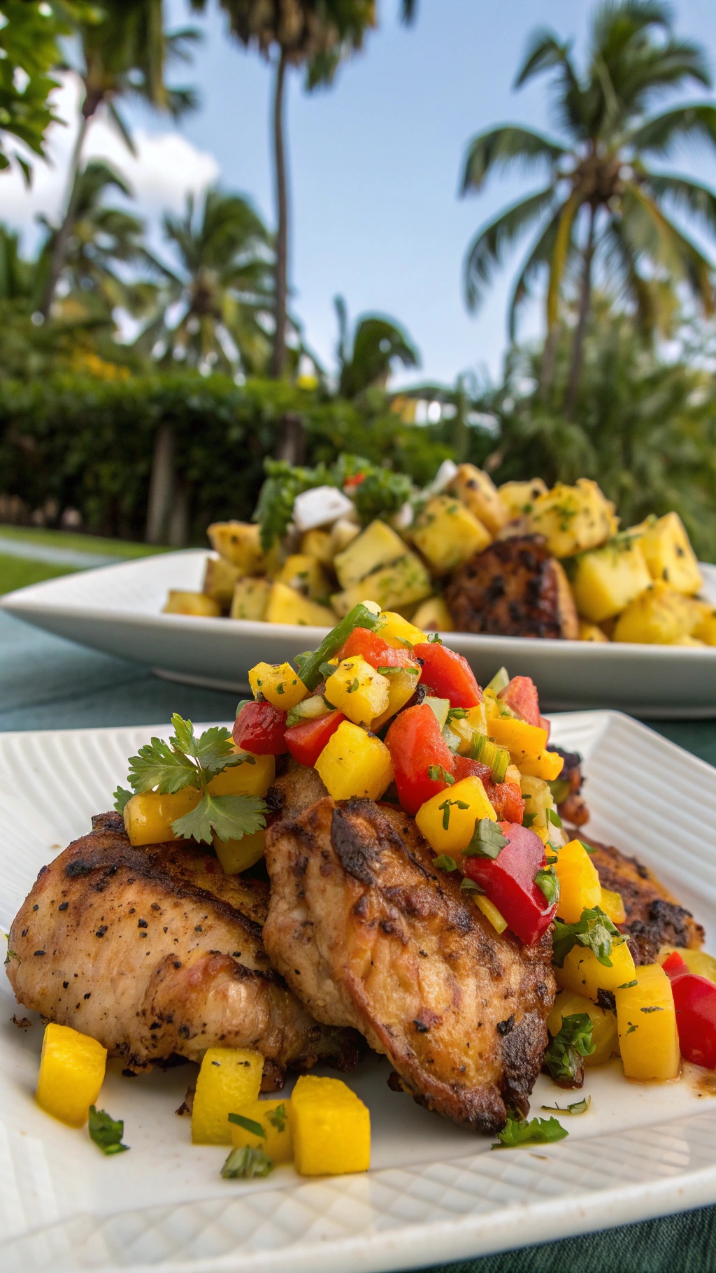 One-Pan Jerk Chicken Thighs with Pineapple Salsa on a plate